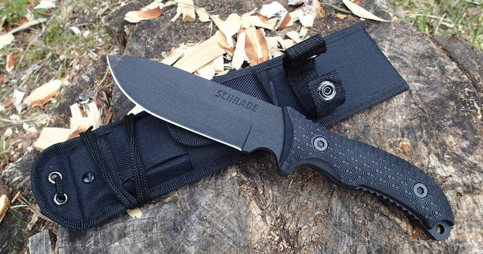 Schrade SCHF36 Frontier Fixed 5.05" Black Blade, TPE Handles, Nylon Sheath, Ferro Rod, Sharpening Stone