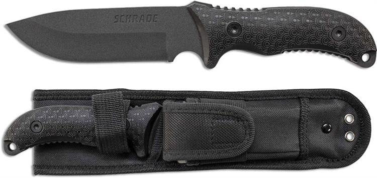 Schrade SCHF36 Frontier Fixed 5.05" Black Blade, TPE Handles, Nylon Sheath, Ferro Rod, Sharpening Stone